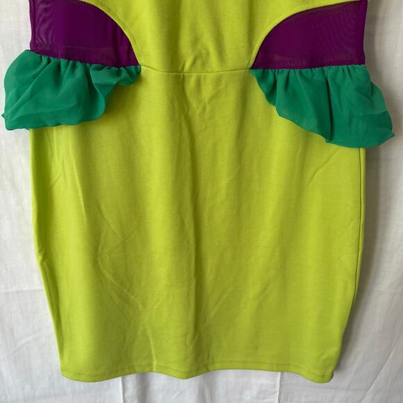 Apple Bottoms Y2K Neon Green/Yellow Peplum Mini Dress Mesh Sides Large - Picture 3 of 7